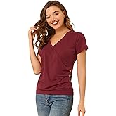 Allegra K Women's V Neck Wrap Top Short Sleeve Button Decor Ruched Top