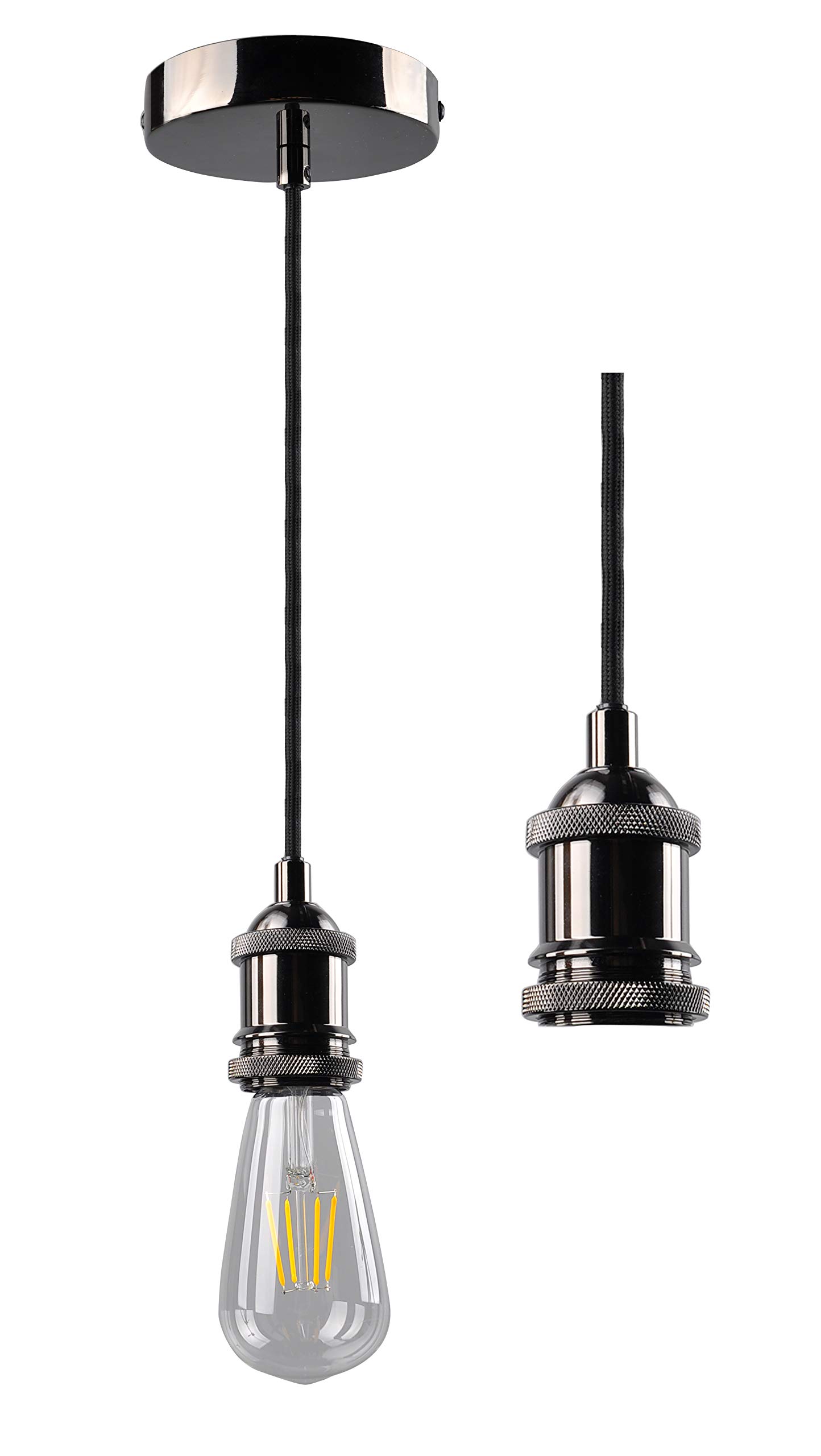 JING Vintage Pendant Light Fitting, Industrial Black Nickel Ceiling Rose,Braided Flex E27 Lamp Holder,Suspended Ceiling Pendant Light Fitting -Black Nickel