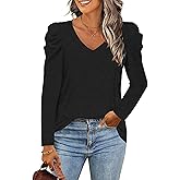 LCXWFE Womens Tunic Tops Puff Sleeve Casual V Neck Long Sleeve Shirts Solid Color S-2XL
