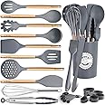 23 PCS Kitchen Utensils Set, Kikcoin Wood Handle Silicone Cooking Utensils Set with Holder, Spatulas Silicone Heat Resistant Cooking Gadgets for Nonstick Cookware, Grey