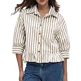 EZAPINE Womens Button Down Striped Shirts Peplum Ruffle Hem 3/4 Sleeve Casual Loose Babydoll Blouse Tops with Pocket
