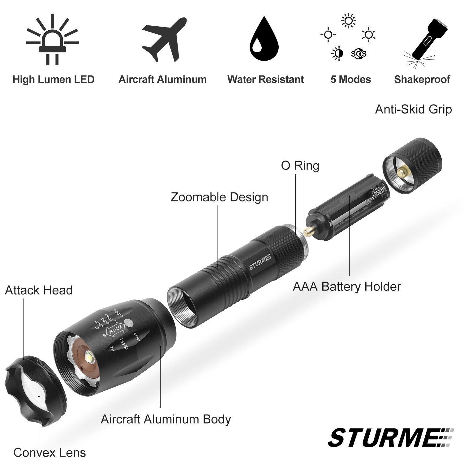 STURME Super Bright LED Torch High Lumens 1000 Feet Bright Distance Adjustable Focus LED Flashlight with 5 Modes IP65 Water-Resistant Perfect for Camping Outdoor Sports Home Use