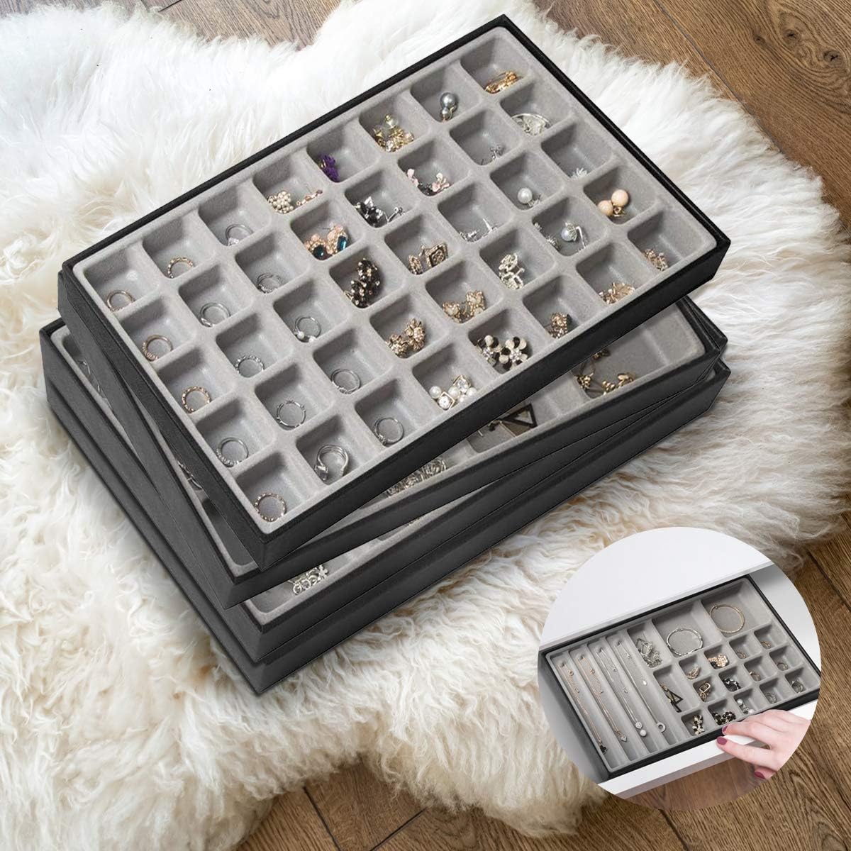 JackCubeDesign Stackable Synthetic Leather Jewelry Tray Earring Necklace Bracelet Ring Organizer Display Storage Box(Set of 4, Black, 16 x 9.6 x 1.6 inches for 1 unit)- :MK212-1ABCD: Home Improvement