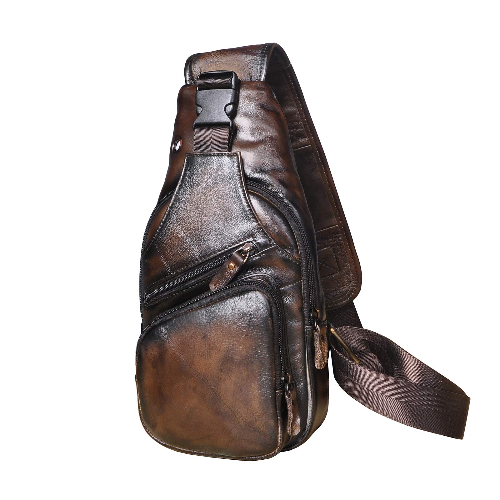 Le'aokuu Men Fashion Casual Tea Designer Travel Hiking Crossbody Chest Sling Bag Rig One Shoulder Strap Bag Men Leather 8015（4 Coffee）