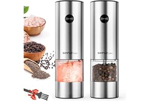 SIMPLETASTE Electric Salt and Pepper Grinder Set Automatic One Handed, Stainless Mill Shakers with Lights and Adjustable Coarseness, Battery Operated