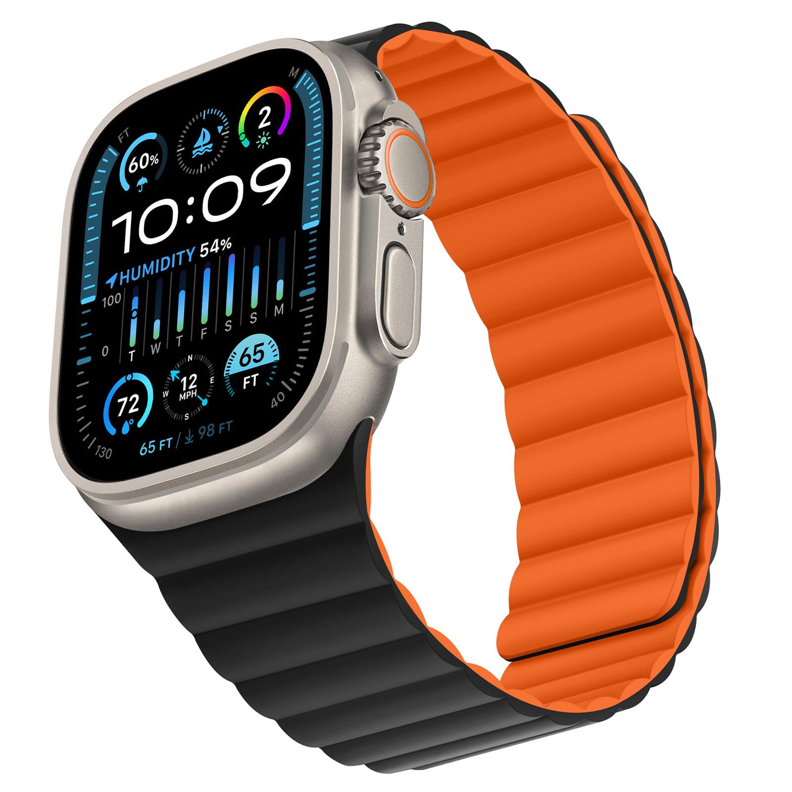 Photo 1 of Bisikor Compatible with Apple Watch Band 49 46 45 44 42 41 40 38mm, Double Sided Wearable Silicone Magnetic Strap for iWatch Ultra SE Series 11 10 9 8 7 6 5 4 3 2 1 (42/44/45/46/49, Orange/Black)