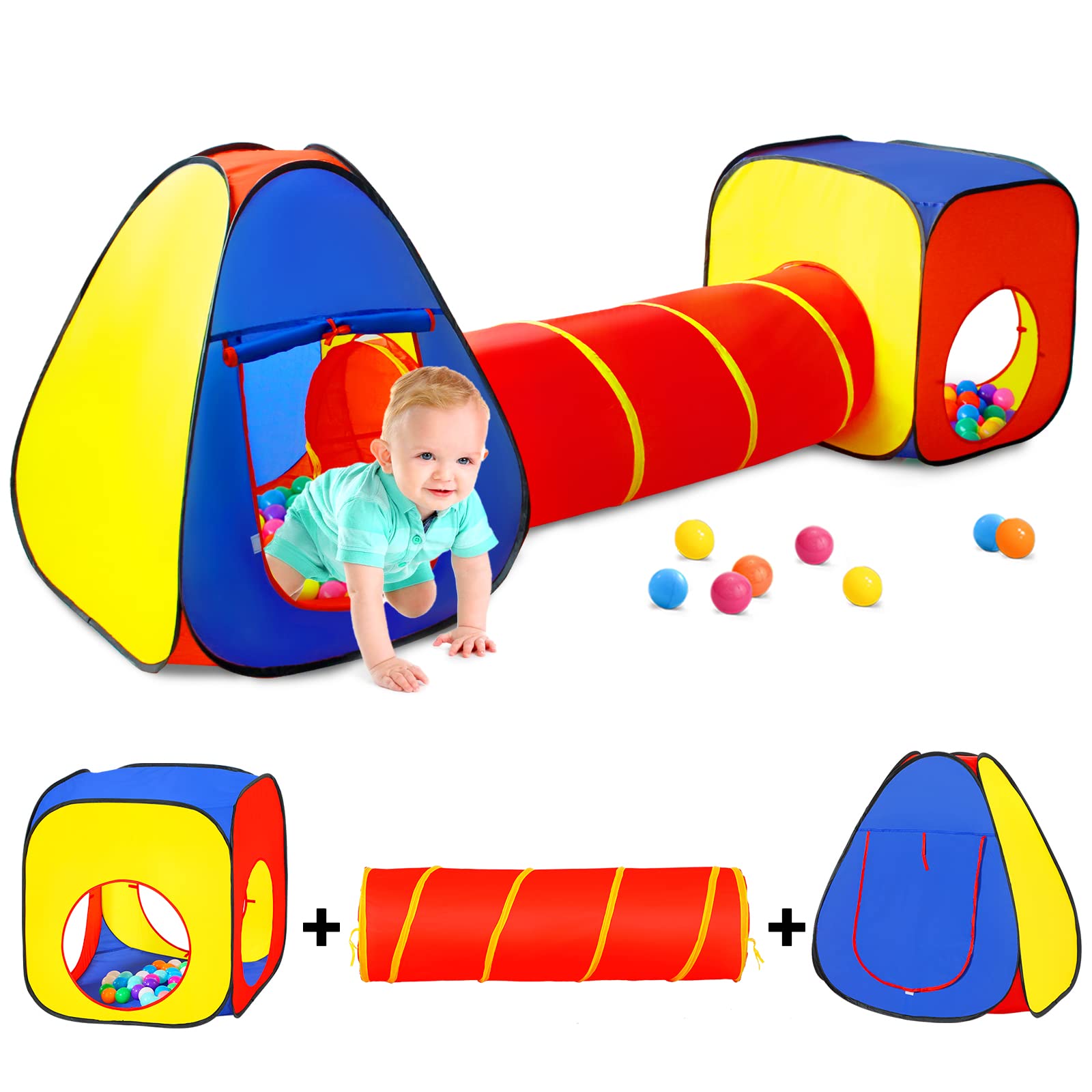 SENODEER Kids Play Tent with Ball Pit+Play Tunnel+Teepee Tent, Pop Up Toddlers Playhouse for Boys and Girls Gift, Collapsible Children Play Tent Toy Indoor and Outdoor Games (Colorful Fort)