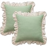 GLORY SEASON Waffle Weave Textured Throw Pillow Covers Set of 2 with Washed Cotton Retro Ruffle Flounces Trim Solid Decorative Pillow Cases for Home Livingroom and Bedroom Decor 18x18 Inch Pea Green
