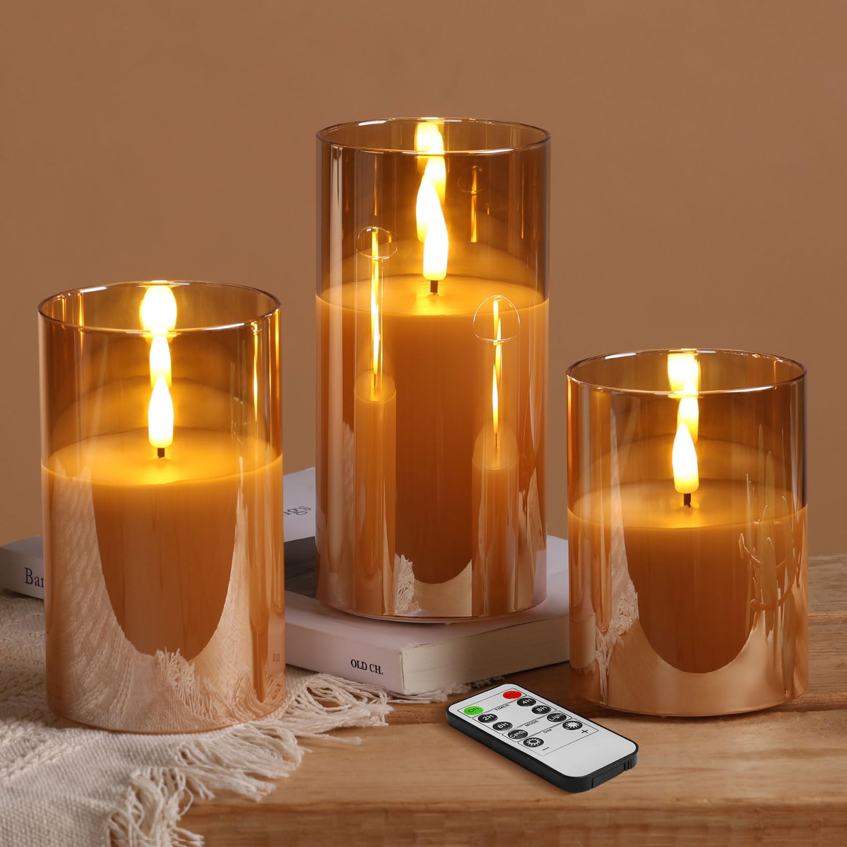 Eywamage Gold Glass Flameless Candles with Remote, Flickering Battery Christmas LED Pillar Candles Set of 3