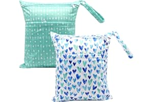 eaxin 2pcs Cloth Diaper Wet Dry Bags Waterproof Reusable with Two Zippered Pockets Stroller Travel Beach Pool Daycare Soiled Baby Item Yoga Gym Bag for Swimsuits or Wet Clothes-Green Hearts