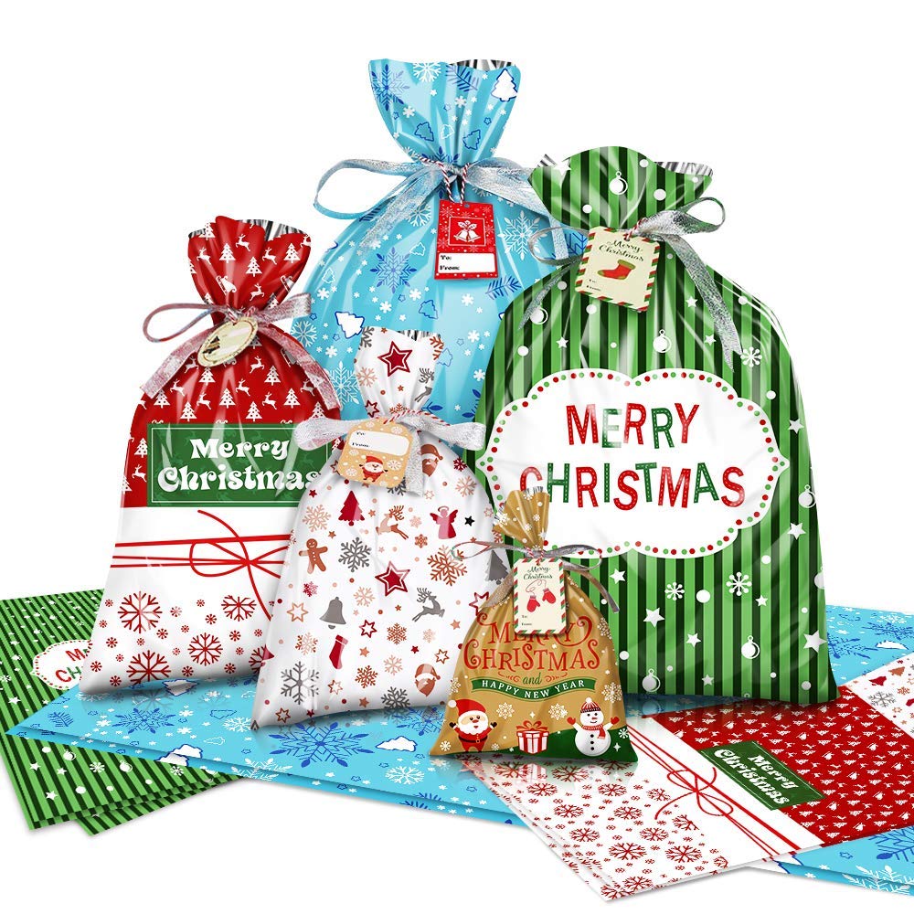 LOKIPA 30Christmas Wrapping Gift Bags ,Large Goodie Gift Bag with 72Feet Ribbon and 30 Tags for Chrismtas Wrapping Gift
