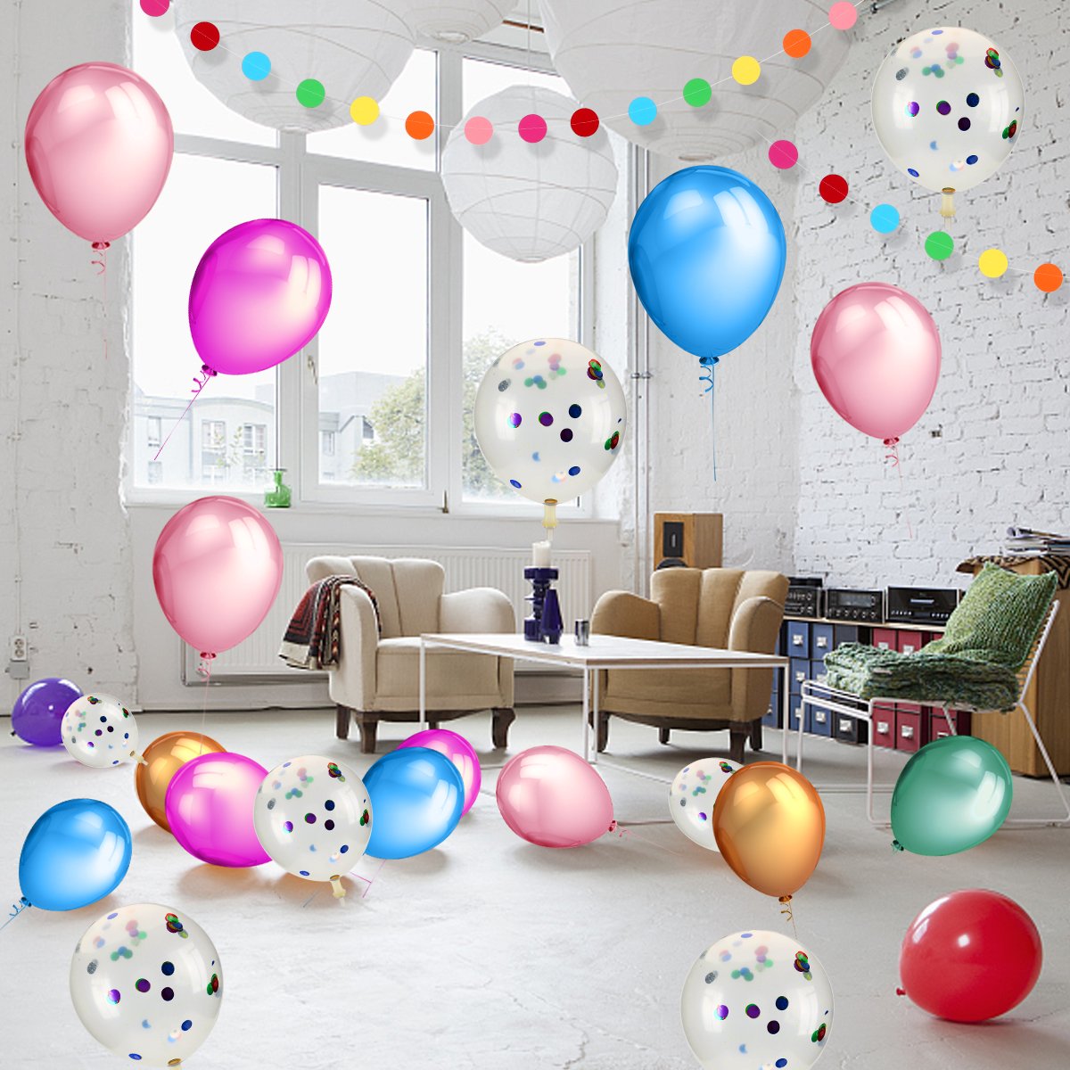 Confetti Balloons 15 Pcs with 12 Inch Assorted Color Latex Balloons (50 Pcs) and 1 Pcs Rainbow Paper Garlands Banner for Wedding Birthday Baby Shower Christmas Party Decorations Supplies