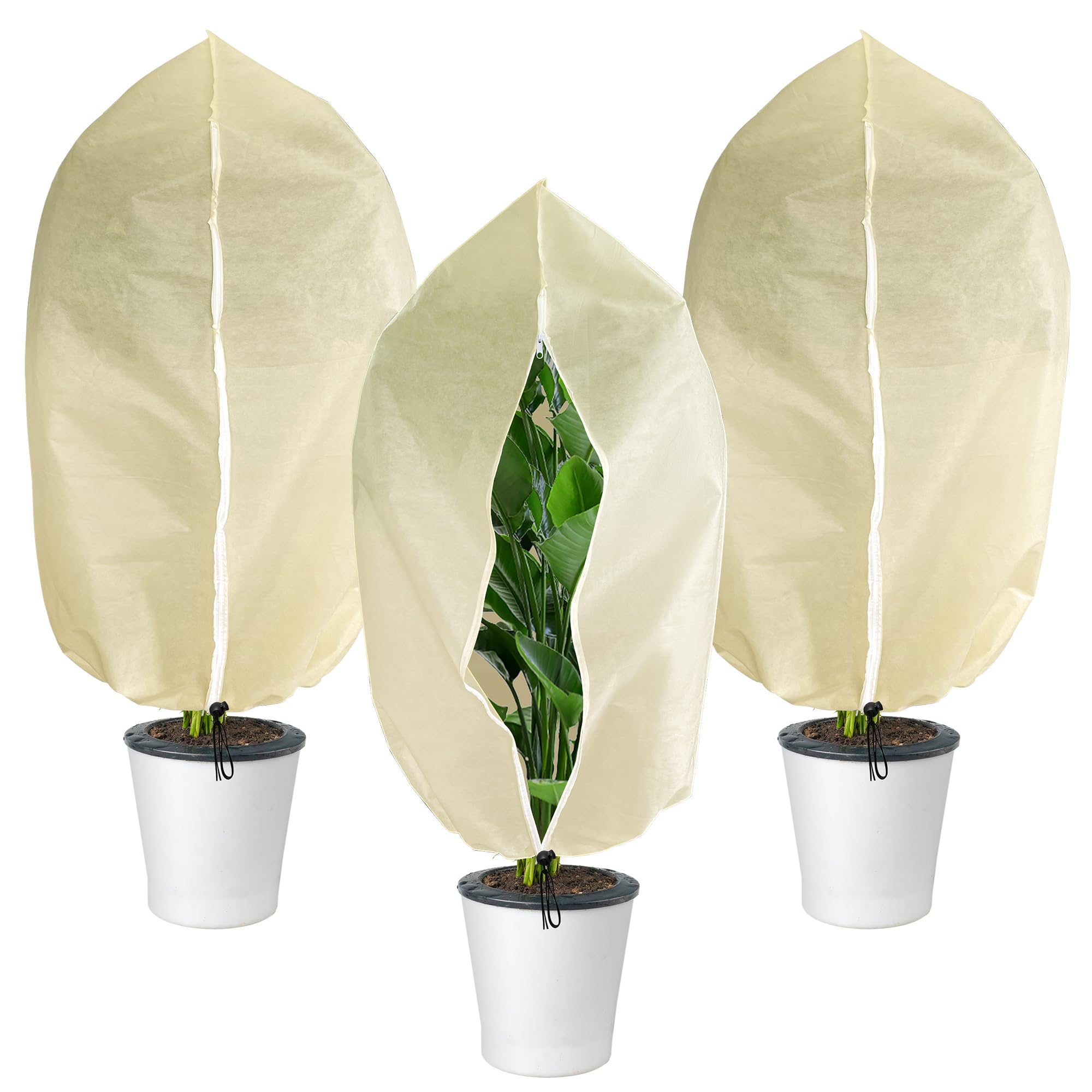 GIONAR 3 PCS Winter Plant Covers Freeze Protection - 100x80CM Garden Fleece Bags Sacks - Rip Resistant Garden Frost Cloth Blanket Fleece Jacket with Zipper Drawstring for Plants