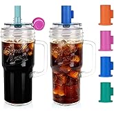 Bamboo Mason Leakproof Mason Jar Cups with Lids and Straws, 24oz Glass Tumbler with Handle, Leak-Proof Rotating Lid & Silicone Straw, Reusable Iced Coffee & Matcha Cup Set Coffee Gifts for Women -2pc