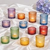 Glasseam Colored Votive Candle Holders: 12 Pcs Glass Ribbed Tealight Set | 6 Colors Vintage Small Tea Light Holders Wedding Centerpieces for Tables Christmas Home Party Decorations