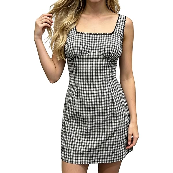 OYOANGLE Women's Gingham Sleeveless Ruffle Short Mini Dress Open