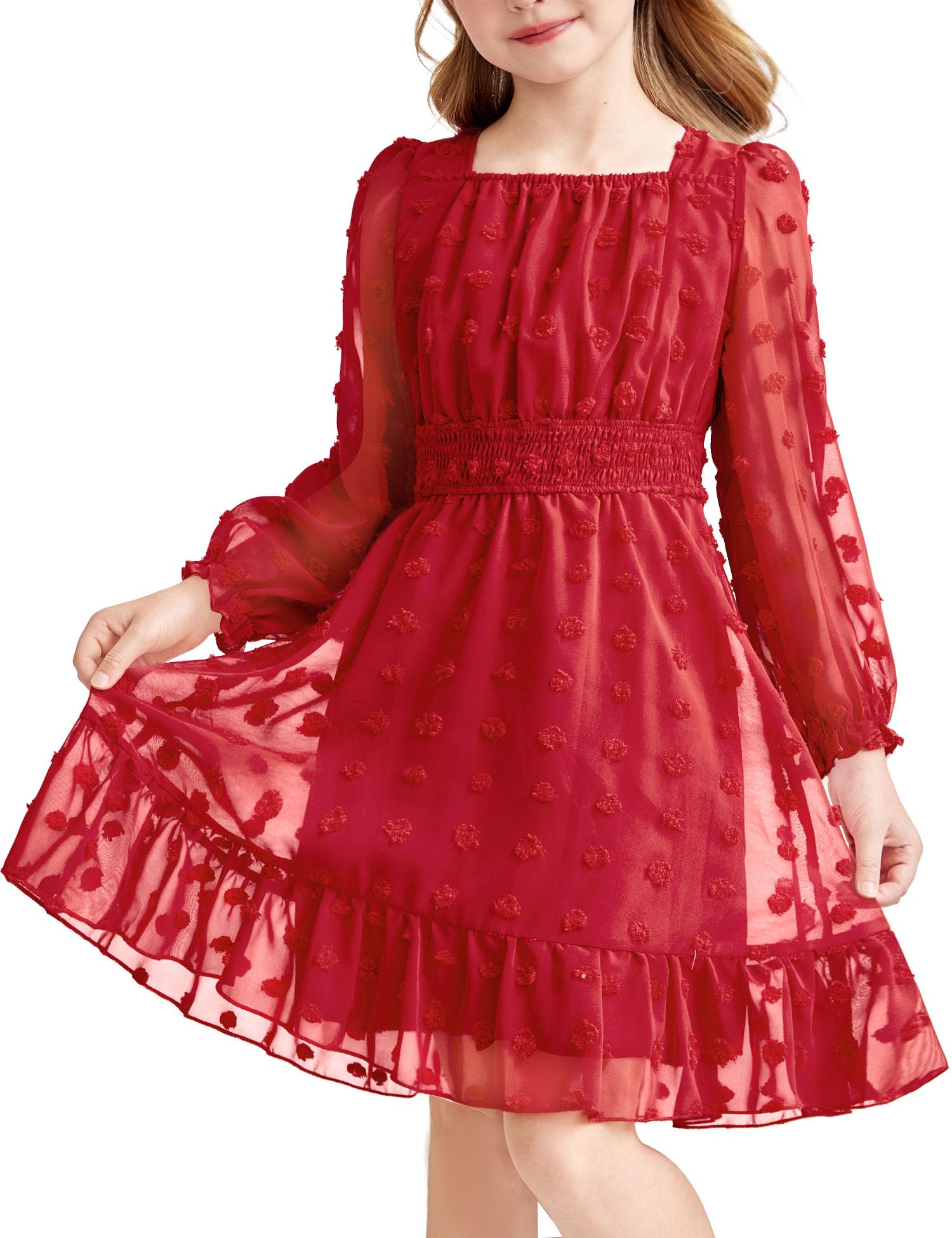 Photo 1 of Arshiner Girls Dresses Contrast Mesh Puff Long Sleeve Formal Party A Line Short Tulle Dress Red 9-10Y