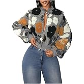 SOLY HUX Women's Floral Fuzzy Jacket Zip Up Mock Neck Long Sleeve Cropped Jackets Winter Warm Outerwear
