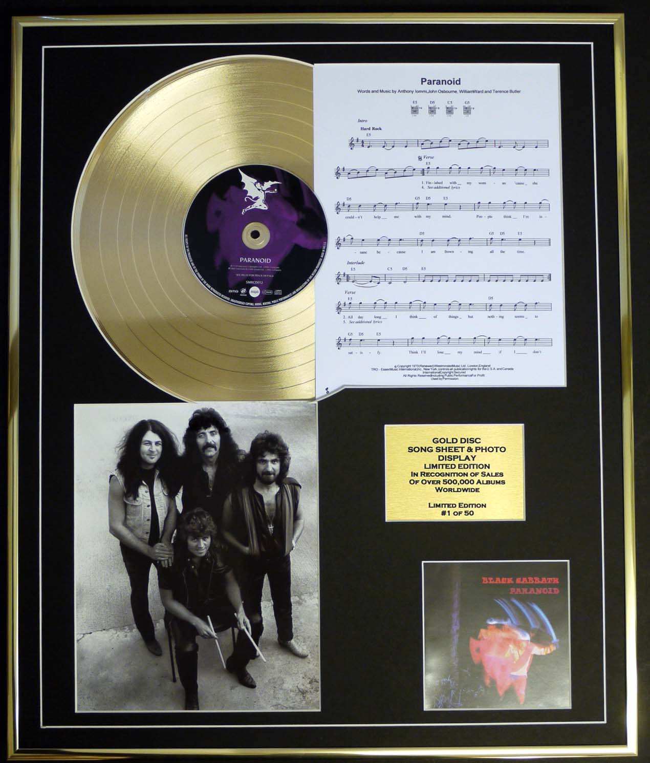 BLACK SABBATH/CD GOLD DISC, SONG SHEET & PHOTO DISPLAY/LTD. EDITION/COA/ALBUM PARANOID/SONG SHEET, PARANOID