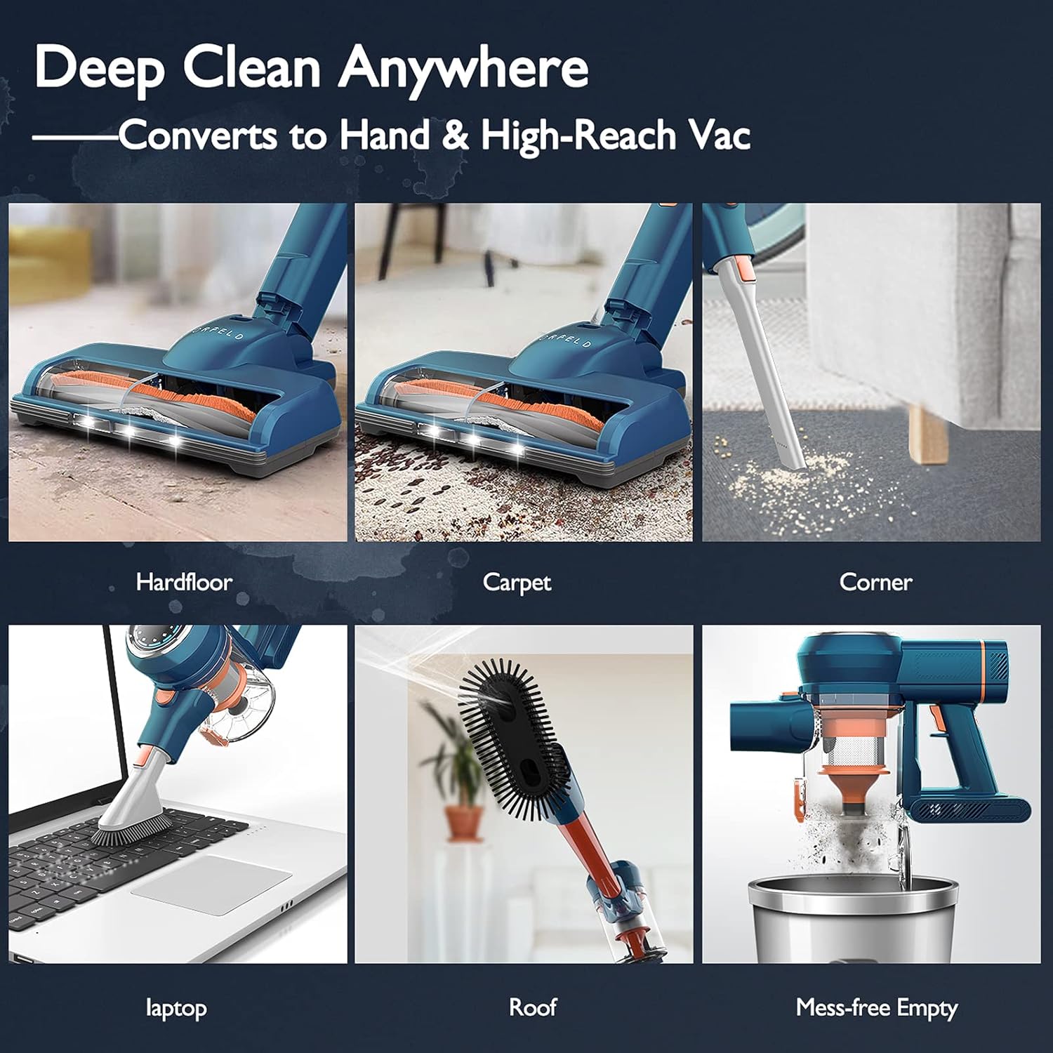 ORFELD Cordless Vacuum Cleaner, 24000Pa Powerful Suction Stick Vacuum 40 mins Runtime, 3 Cleaning Modes, 5 in 1 Ultra-Quiet Handheld Vac Self-Standing for Hard Floor Car Pet Hair -