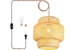 QIYIZM Plug in Pendant Light Rattan Hanging Lights with Plug in Cord Bamboo Hanging Lamp Dimmable,Handmade Woven Boho Wicker Basket Lamp Shade,Plug in Ceiling Light Fixture for Living Room Bedroom Kitchen