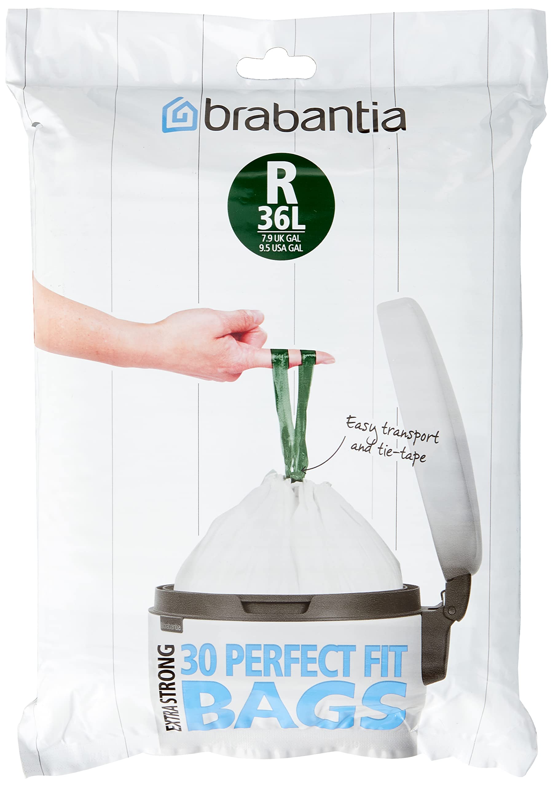 Brabantia PerfectFit Bin Liners (Size R/36 Litre) High Quality Thick Plastic Trash Bags with Tie Tape Drawstring Handles (30 Bags), White