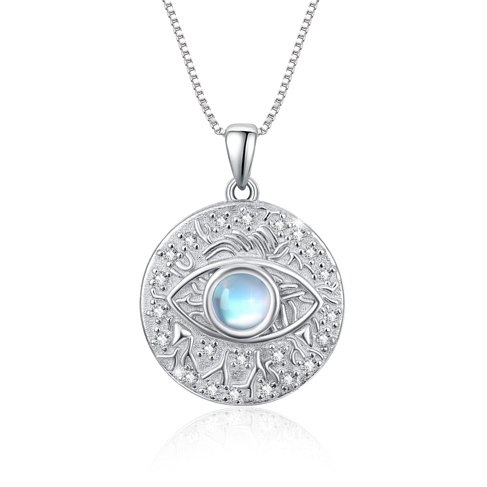 Evil Eye Moonstone Silver Necklace, Eye of Horus Amulet Protection Faith Inspiration Necklace,925 Sterling Silver /White Cubic Zirconia/Moonstone Pendant, Vintage Egypt Jewelry Gifts For Men Women