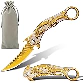 SISITECH Pocket Knife, Cool Embossed 3D dragon Folding Knife, Great Gift Edc Knives For Men Women Outdoor Survival Camping Hiking (Gold)