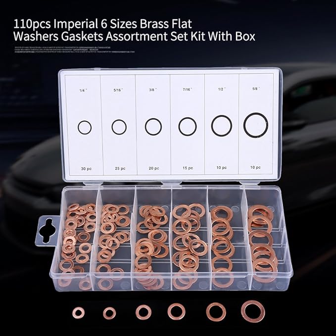 110pcs Imperial 6 Sizes Brass Flat Washers Gaskets Assortment Set