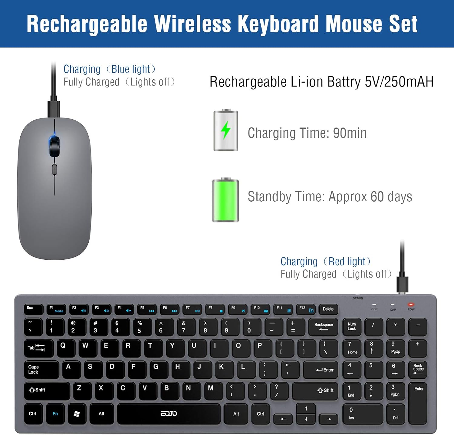 Wireless Keyboard and Mouse Combo, EDJO Rechargeable 2.4GHz Ultra-Thin Silent Computer Keyboard and Optical Mouse for Desktop/PC/Laptop/Notebook: Computers & Accessories