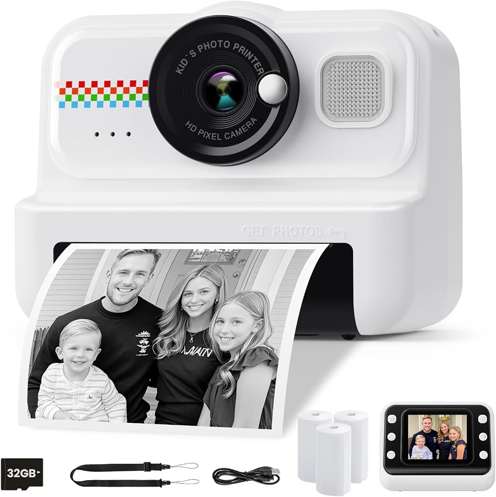HiMont Kids Camera Instant Print 1080P 32GB 3 Rolls Paper Black