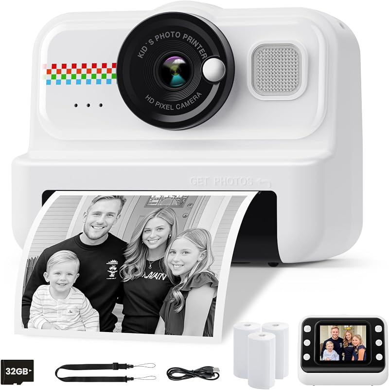 HiMont Kids Camera Instant Print 1080P 32GB 3 Rolls Paper Black