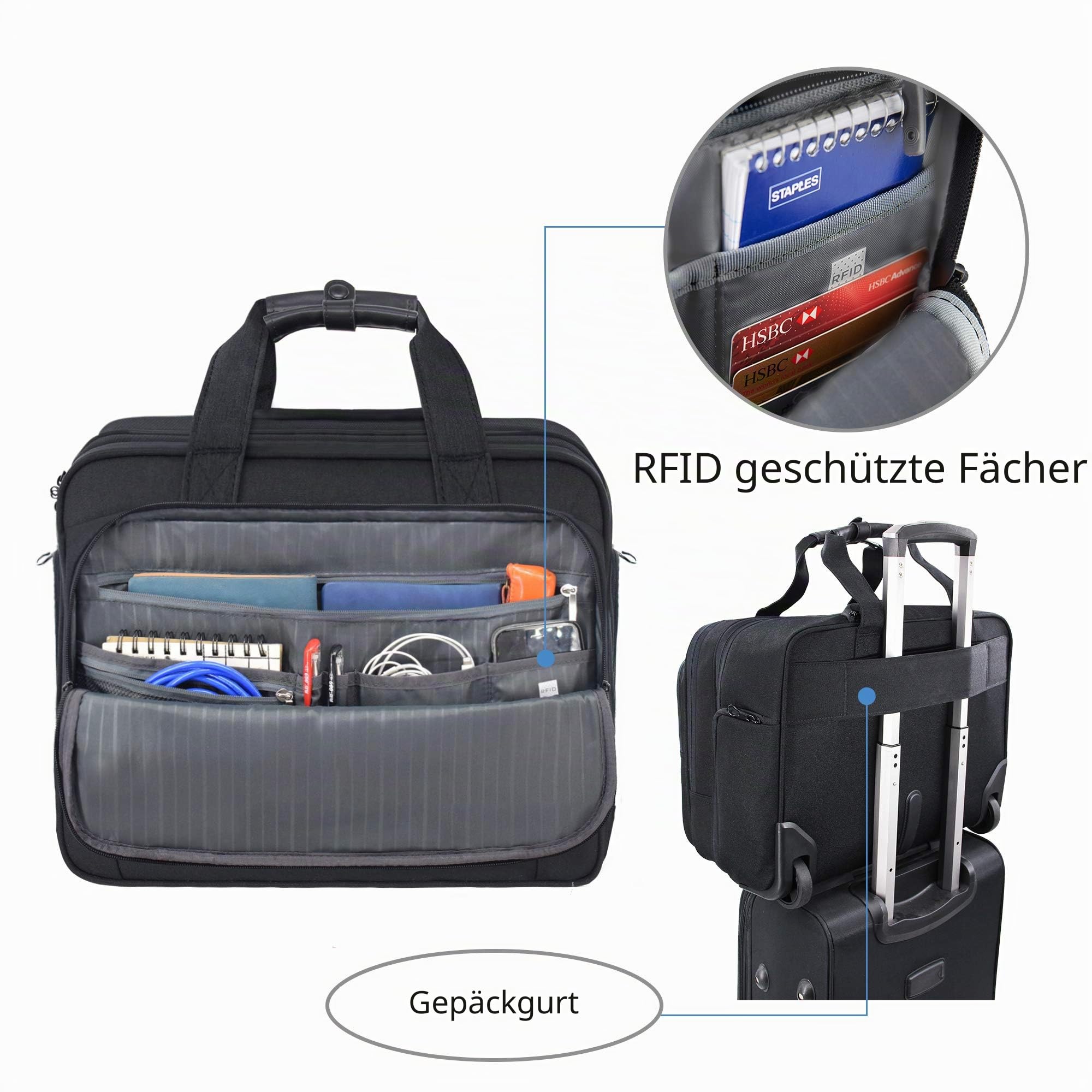 KROSER Trolley Business, Handgepäck Koffer, Rolling Case mit Rädern Bis zu 17,3 Zoll Laptop wasserdichte Übernacht-Rolltasche mit RFID-Taschen für Reisen/Schule/Männer/Frauen-Schwarz MEHRWEG 4
