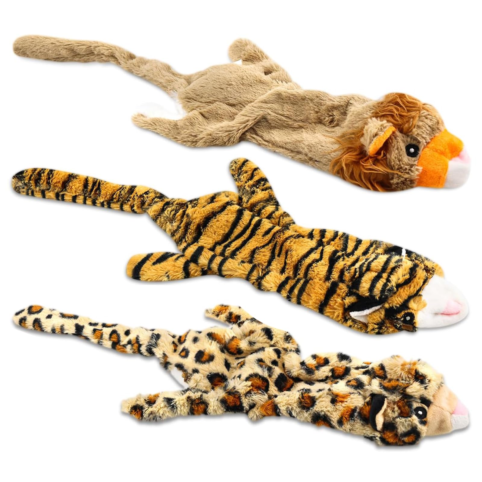Jeeper Squeaky Dog Toys, 3 Pack no Stuffing Durable Plush Dog Squeaky Chew Toys Set for Puppy Small Medium Large Dogs Playing Making Fun, Wolf, Tiger, Leopard and Lion
