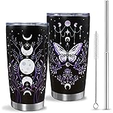 Gothic Butterfly Tumbler with Lid and Straw, Moon Phase Witch Cup Water Bottle Coffee Travel Mug Stainless Steel Vacuum Insulated 20 Oz Tumblers Black Purple, Goth Halloween Witchy Gifts for Women