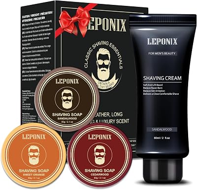 LEPONIX Shaving Soap Kit Men Sandalwood Cedar Sweet Orange 3 Bars & Cream