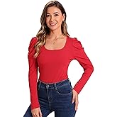 Allegra K Puff Sleeve Top for Women's Square Neck Long Sleeve Casual Basic Ribbed Tunic Blouse