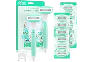 DreamGenius Razors for Women Include 2 Non-Slip Handles and 14 Blade Refills with a Shower Holder, 5 Premium Blades Women's Razors for Shaving with 360° Lubrication Reduces Irritation, Green