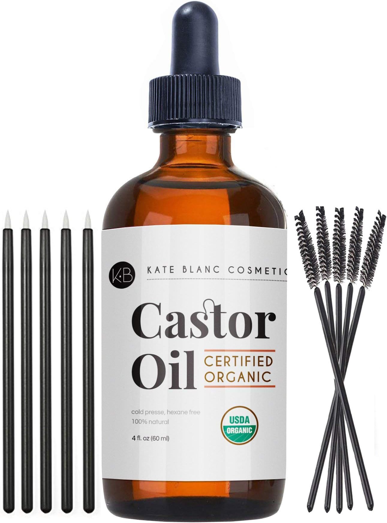 Castor Oil (4oz), USDA Certified Organic, 100% Pure, Cold Pressed, Hexane Free by Kate Blanc. Stimulate Growth for Eyelashes, Eyebrows, Hair. Skin Moisturizer & Oil Cleanse. FREE Starter Kit