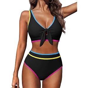 Hanna Nikole Women High Waisted Bikini Sets 2026 | Neon Swimwear, Color Block, V Neck, Tie Knot, Soft removable Cups, Push Up
