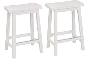 Amazon Basics Solid Wood Saddle-Seat Kitchen Counter Barstool with Footrest, Easy Assembly - 24-Inch Height - White - Set of 2