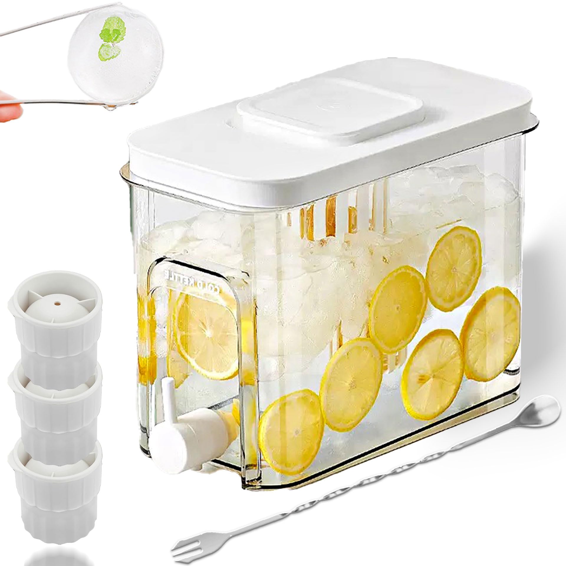 View 1 of 1.1 Gallon Beverage Dispenser with Spigot - BPA-Free Water Jug for Refrigerator, Includes 3 Ice Ball Molds & Bar Spoon - Leak-Proof Drink Container for Party, Iced Tea - White 5-Piece Set