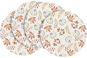 Artoid Mode Orange Pumpkins Fall Maple Leaves Round Fall Placemats Set of 4, 14 Inch Seasonal Autumn Round Table Mats for Dining Decoration