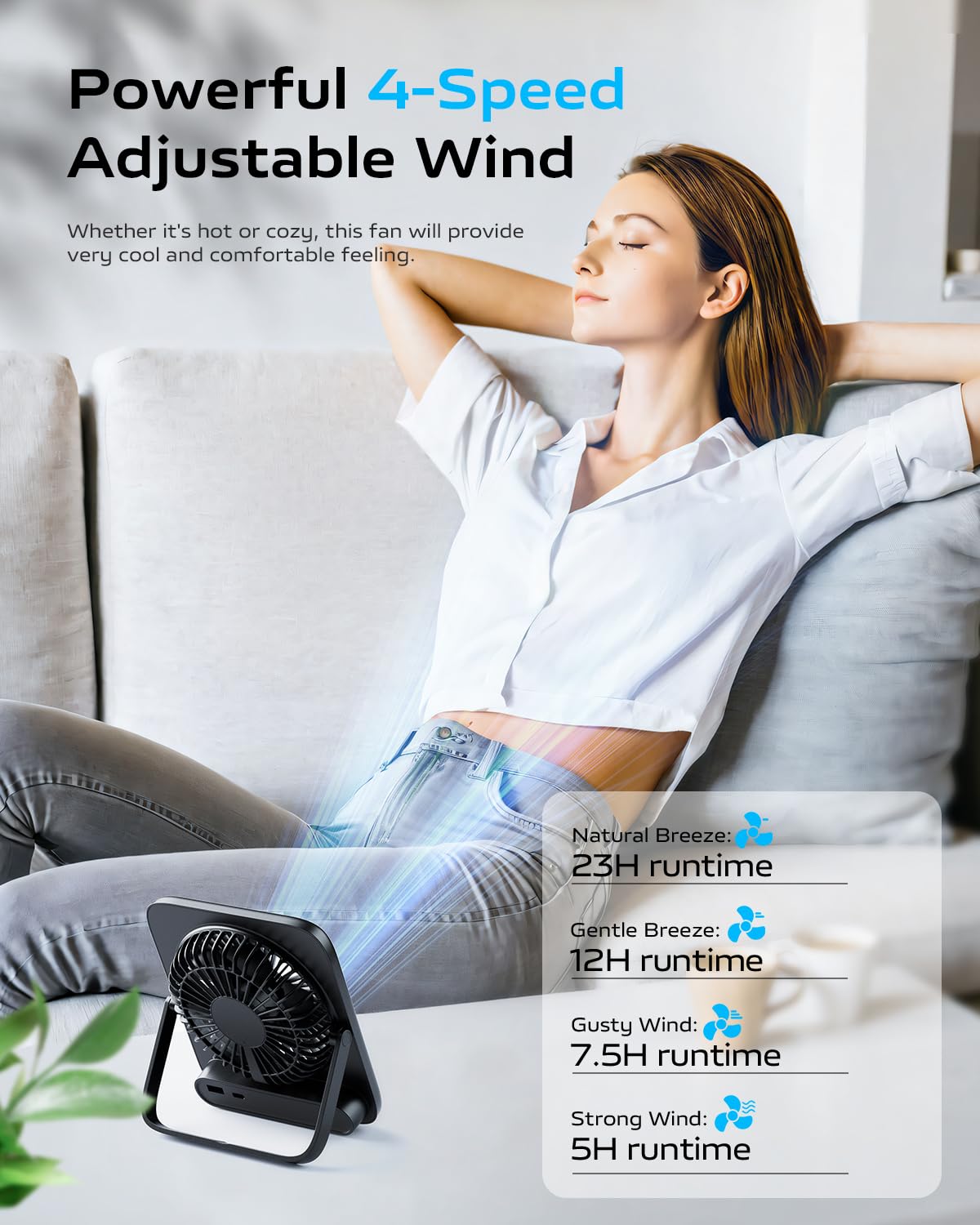 Otlonpe Personal Portable Desk Fan Battery Powered, 4000mAh Small USB Rechargeable Portable Fans Battery Operated for Travel Sleeping Bedroom Office Home Table, Cordless Quiet 4-Speed 6.5 Inch (Black)