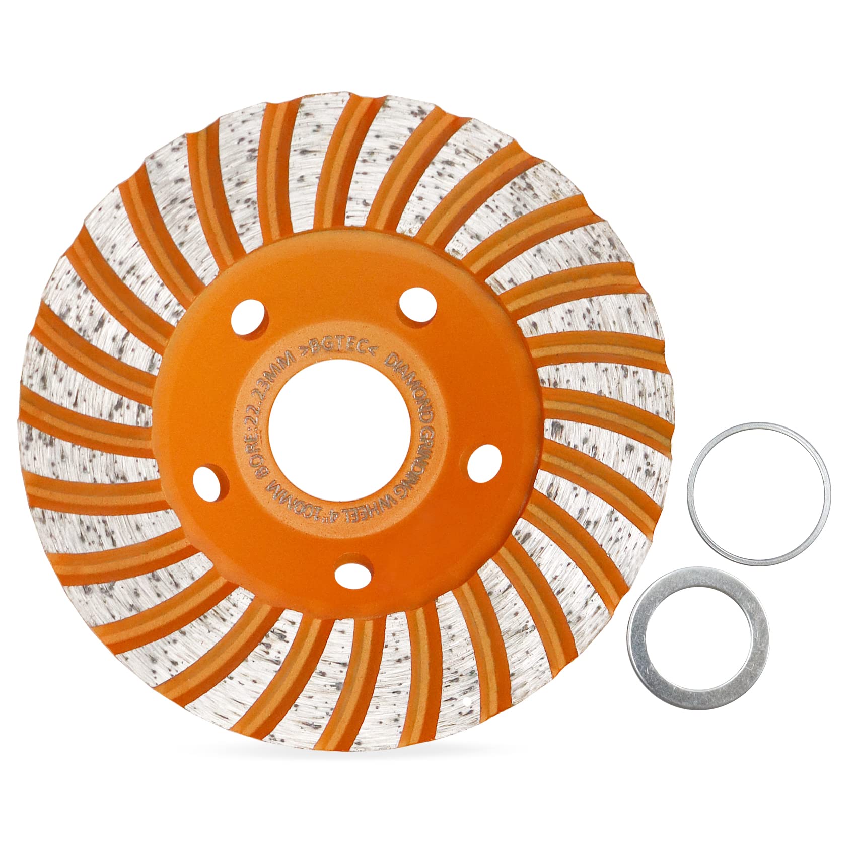 BGTEC Diamond Concrete Grinding Wheel - 100mm Angle Grinder Wheel with 2pcs Ruducer Washers(22.23/15.875 and 22.23/20) for Grinding on Granite Marble Concrete Brick Masonry