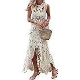 CHARTOU Women Two Pieces Skirt Sets Summer Cut Out Hi-Low Crochet Knit Long Dresses