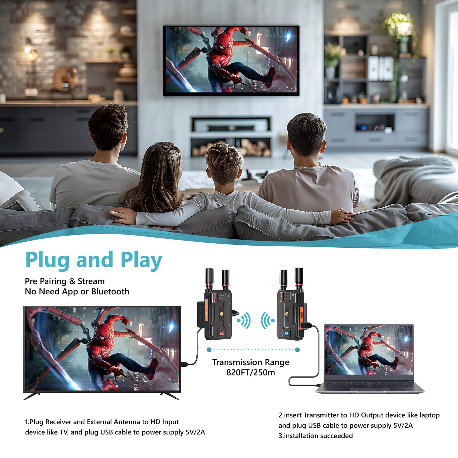 Wireless HDMI Transmitter and Receiver 4K: Plug&Play HDMI Wireless Extender Kit, 5G 820FT HDMI Sender and Receiver with Loopout for Streaming Video and Audio to Monitor from Laptop/PC, Audio Interface