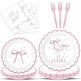 100PCS Pink Bow Baby Shower Plates and Napkins Bows Tableware Set It’s A Girl Party Decoration Girls Baby Shower Parties Disposable Dessert Plate for Bowknot Themed Dinnerware Supplies Serve 25
