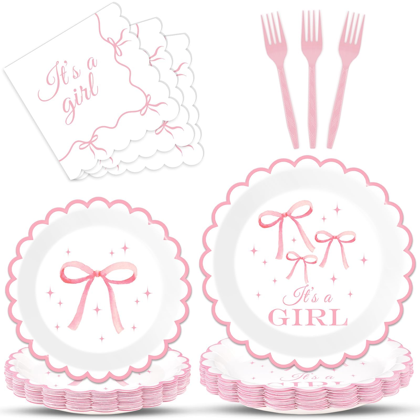Photo 1 of 100PCS Pink Bow Baby Shower Plates and Napkins Bows Tableware Set It’s A Girl Party Decoration Girls Baby Shower Parties Disposable Dessert Plate for Bowknot Themed Dinnerware Supplies Serve 25