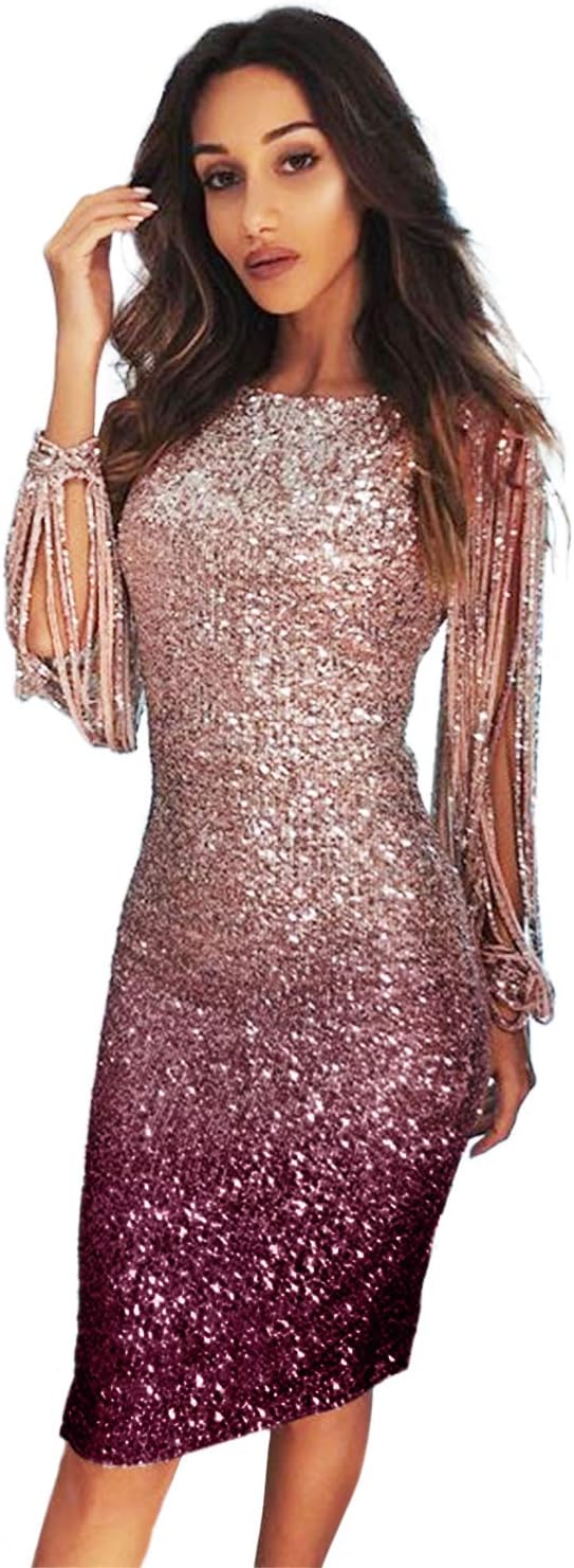 Women's Western Party Tassel Ombre Sequin Dress (Purple)